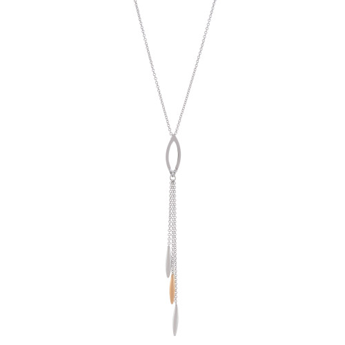 An image of a Rachel Koen women's necklace with diamonds, displayed against a white background. The necklace features a delicate white and yellow gold chain with a central pendant consisting of an elongated, diamond-encrusted loop from which multiple chains dangle, ending in slender, leaf-like elements. The view is front-facing and the necklace is centered, with the pendant positioned vertically. The image is a close-up, providing a clear view of the pendant's details and the diamond's sparkle.