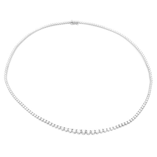 An image of a Rachel Koen brand graduated white gold tennis necklace with round cut diamonds designed for women. The necklace is shown against a white background in a close-up, straight-on view, which allows for clear visibility of the diamond details. The necklace is laid out in a gentle curve, with the diamonds progressively increasing in size towards the center, creating a symmetrical and elegant appearance.