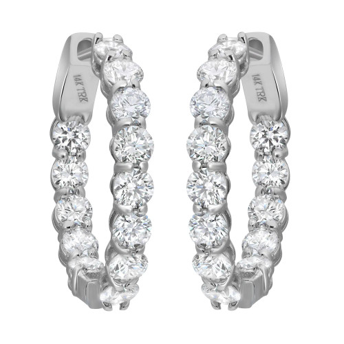An image of a pair of Rachel Koen brand earrings designed for women, featuring multiple round-cut diamonds set inside out in a hoop style in white gold. The earrings are displayed in a close-up frontal view, occupying a central position against a white background. The hoops are aligned vertically, showcasing the brilliance and intricate settings of the diamonds from a head-on angle. The image is clear and provides a detailed view of the earrings' design and craftsmanship.