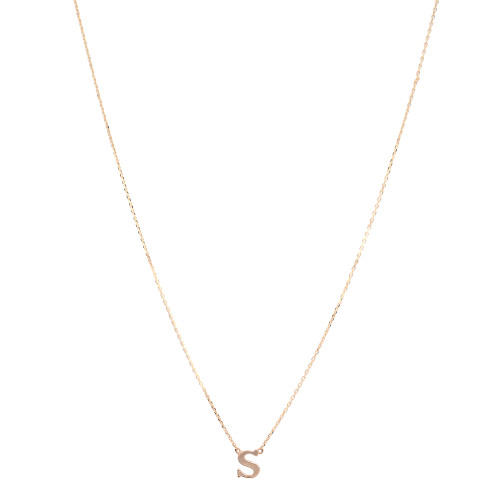 An image of a delicate Rachel Koen women's yellow gold necklace without stones, featuring a simple letter 'S' pendant. The necklace is displayed against a white background with the chain forming a slight 'V' shape due to its suspension from an unseen point above the frame. The pendant is centered and hangs naturally, with the chain leading away at gentle angles toward the upper left and right corners of the image, suggesting a symmetrical and balanced design. The distance from the viewer gives a clear view of the necklace's design and the chain's intricate links.