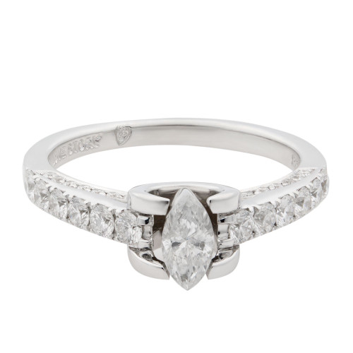 An image of a Rachel Koen women's engagement ring, featuring a prominent marquise-cut diamond set in the center flanked by round brilliant-cut diamonds along the band. The ring is photographed in a front-facing view at a close distance, showing the stones' facets and the band's white gold polished finish. The angle of the shot provides a clear view of the diamond setting and the engravings inside the band.