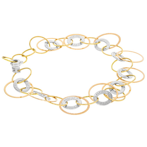 An image of a luxurious Alfieri & St. John Damiani women's bracelet with diamonds, displayed at a close-up, straight-on angle against a white background. This elegant piece features intertwined rings in alternating yellow, white gold, and rose gold with select rings encrusted with sparkling diamonds and the brand name engraved. The bracelet is arranged in a slight oval shape to mimic how it would drape around a wrist.