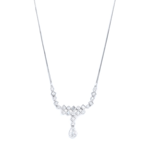 An image of a women's 18k white gold necklace by Rachel Koen, featuring a symmetrical design with diamonds. The necklace is displayed from a front-facing angle, centered, and captured at a close distance. It showcases a V-shaped arrangement of round and carre diamonds, leading to a larger pear-shaped diamond pendant at the bottom. The overall design is elegant and sophisticated, emphasizing the brilliance of the diamonds against a white background.