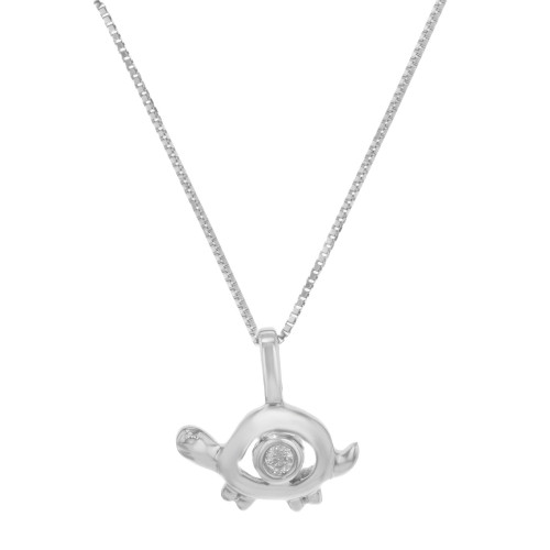 An image of a women's bliss by Damiani white gold necklace featuring a turtle-shaped pendant with a central diamond. The necklace is positioned vertically, with the pendant centered in the frame. The photograph is taken from a straight-on angle at a close distance, highlighting the intricate details of the design and the sparkling diamond. The chain is also visible, showing its fine texture and elegant style.