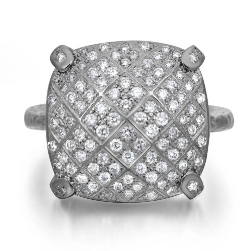 An image of a women's Bottega Veneta ring featuring a square-shaped head encrusted with numerous small diamonds. The ring is shown from a front-facing angle, positioned centrally, and captured at a close distance, highlighting the intricate detailing and sparkle of the diamonds.