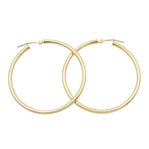 An image of two yellow gold hoop medium earrings without stones, designed for women by Rachel Koen. The earrings are positioned side by side, slightly overlapping, and captured from a front-facing angle. The image is taken from a close-up distance, highlighting the smooth, polished surface of the hoops.
