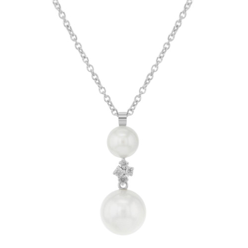 An image of a women's necklace from the brand Bliss by Damiani, featuring an elegant design with diamonds and pearls. The necklace is shown from a straight-on angle at a close distance, highlighting its intricate details. The design includes two pearls, one smaller above and one larger below, connected by a cluster of sparkling diamonds. The chain is visible, adding to the overall delicate and luxurious appearance.