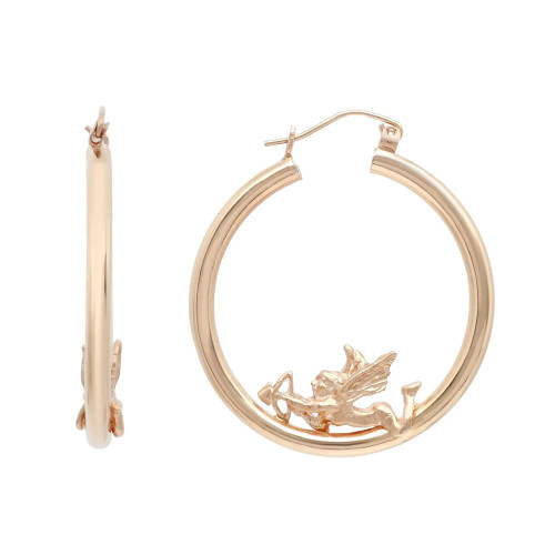 An image of a women's yellow gold hollow round hoop earrings without stones by Rachel Koen. The earring is shown in two perspectives: the left side displays a side view at a slight angle, highlighting the hoop's thickness, while the right side presents a direct front view of the circular hoop. The front view features a decorative element of a small cupid angel figure positioned at the bottom inside the hoop. The earring is photographed against a plain white background, with a close-up focus to capture its design details. Excellent pre-owned condition. 