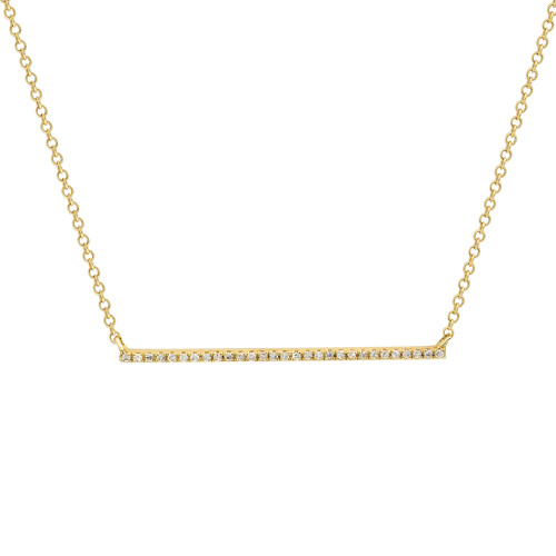 An image of a women's yellow gold necklace by Rachel Koen, featuring a horizontal bar encrusted with pave brilliant round cut diamonds. The necklace is centrally positioned, with a close-up, straight-on angle that clearly showcases the diamonds and the delicate gold chain.