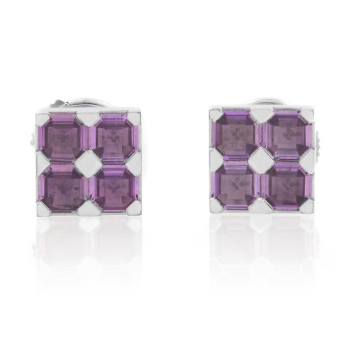 An image of a pair of Chopard 18k white gold stud earrings for women, featuring square-shaped settings adorned with purple amethyst gemstones. The earrings are positioned side by side, facing forward, and are photographed from a straight-on angle at a close distance, highlighting the geometric design and vivid color of the gemstones.