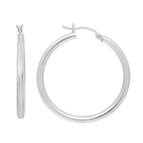 An image of a pair of 14k white gold medium hollow hoop earrings without stones by Rachel Koen, designed for women. The earring on the left is positioned vertically, showing a side view that highlights its smooth, cylindrical shape. The earring on the right is displayed at a slight angle, providing a frontal view that emphasizes its circular form. Both earrings are captured at close range against a plain white background.Excellent pre-owned condition. 