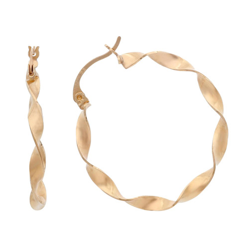 An image of a women's twisted hoop hollow 14k yellow gold earring without stones from the brand Rachel Koen. The earring is showcased in two views: on the left, a side view displaying its twisted, wave-like design; on the right, a front view revealing its circular shape. The earring is photographed against a white background, allowing for a clear and detailed view from a close distance.Excellent pre-owned condition. 