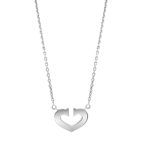 An image of a women's necklace without stones by Cartier, shown from a straight-on perspective. The necklace features a sleek, metallic chain with a central, heart-shaped pendant in white gold. The photo is taken at a close distance, clearly highlighting the smooth and polished design of the pendant against a white background.