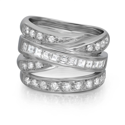 An image of a women's ring by Alfieri St. John, featuring multiple intertwined bands adorned with diamonds in white gold. The ring is positioned upright and photographed from a slightly elevated angle, providing a clear view of the intricate design and sparkling gemstones. The focus is close, showcasing the brilliance and arrangement of the diamonds.