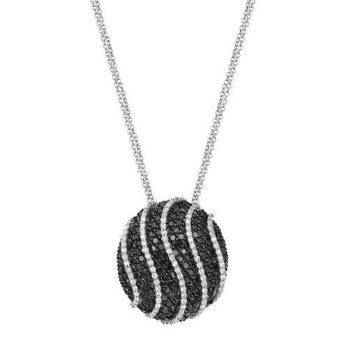 An image of a Salvini necklace designed for women, featuring a spherical pendant encrusted with black and white diamonds arranged in wavy stripes. The pendant hangs symmetrically from a delicate chain, photographed from a front-facing angle at a close distance, highlighting the intricate detailing and contrast of the diamonds in white gold.