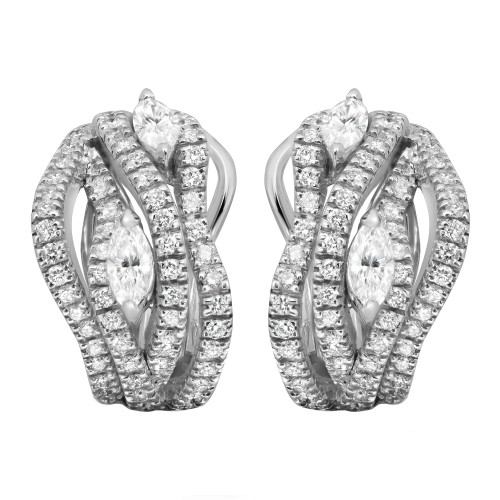 An image of a pair of women's earrings by Damiani, featuring an intricate design adorned with diamonds in white gold. The earrings are positioned upright, captured from a front-facing angle at a close distance, showcasing their detailed craftsmanship and sparkling stones.