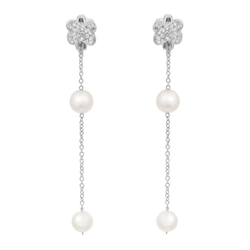 An image of Damiani earrings designed for women, featuring a close-up front view. The earrings showcase a delicate chain adorned with diamonds and pearls, with two pearls evenly spaced along the length in white gold. The diamond-studded top is shaped like a floral motif, and the overall composition is centered in the frame, highlighting the elegance and craftsmanship.