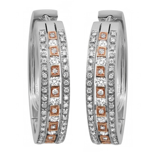 An image of a pair of women's Damiani earrings adorned with diamonds. The earrings are positioned vertically and are shown from a front-facing angle, allowing a close-up view of the intricate design in white gold. Each earring features two rows of small, round diamonds set in white gold, with a central line of square diamond settings bordered by rose gold, providing a contrasting accent. The image captures the luxurious detail and craftsmanship of the jewelry.