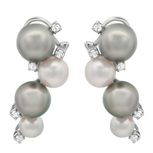 An image of a pair of Damiani earrings for women, featuring a cascading design of alternating gray and white pearls adorned with small diamonds in white gold. The earrings are positioned vertically, side by side, with a slight inward angle, captured from a close-up perspective, highlighting their intricate details and luxurious finish.
