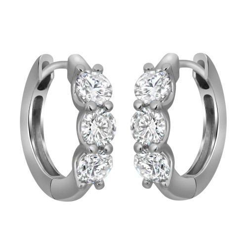 An image of a pair of women's earrings by Rachel Koen, featuring a close-up view. The earrings are huggie style with three round lab grown diamonds set vertically in white gold. The angle is straight-on, showcasing the front and slight inner side of the hoops, with the diamonds prominently displayed. The background is plain white, emphasizing the elegance and sparkle of the diamonds.
