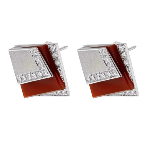 An image of Salavetti women's earrings featuring a geometric design with diamonds. The earrings are positioned side by side, slightly angled to the left, showcasing their intricate details. The close-up view highlights the contrast between the shimmering diamonds and the glossy gemstones.