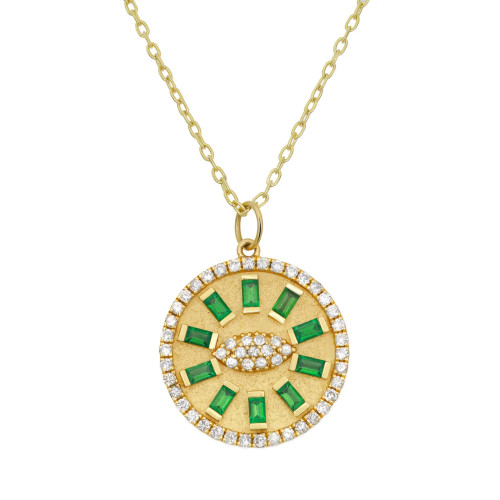 An image of a women's necklace by Rachel Koen, featuring a round pendant with a design of alternating baguette cut green emerald gemstones and round diamonds. The pendant is centrally positioned, hanging from a fine yellow gold chain. The pendant displays a radial arrangement of rectangular green emeralds, surrounded by a circle of diamonds. The photo is taken from a front angle, providing a clear, close-up view of the intricate details.