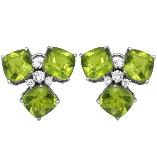An image of a pair of women's earrings by Rachel Koen, featuring a symmetrical arrangement of green peridot gemstones and round diamonds. Each earring is designed with four cushion-cut peridot gemstones forming a clover shape, accented by small round diamonds clustered at the center in white gold. The earrings are displayed from a front angle, providing a clear and detailed view of the intricate design and vibrant colors. The image is taken at a close distance, emphasizing the gemstones' facets and the sparkle of the diamonds. Great preowned condition.