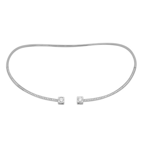 An image of a women's necklace by Dinh Van, featuring a sleek, open-ended design adorned with small diamonds along its length. The necklace is positioned horizontally against a plain white background, with a straight-on angle showing its elegant curvature. The diamonds are set in a line, leading to two larger, round shape square-set diamonds at the open ends. The image is taken at a close distance, highlighting the intricate detailing and shimmer of the diamonds. Excellent preowned condition.