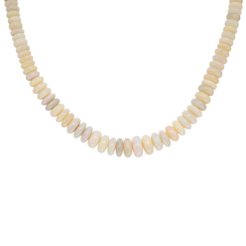 An image of a necklace with opal bead gemstones arranged in a symmetrical pattern. The necklace is viewed from a straight-on angle, capturing the entire strand in a close-up shot. The gemstones are evenly spaced and display a range of soft, pastel hues. The image focuses on the front view, highlighting the smooth, polished surface of each gem. Excellent preowned condition.