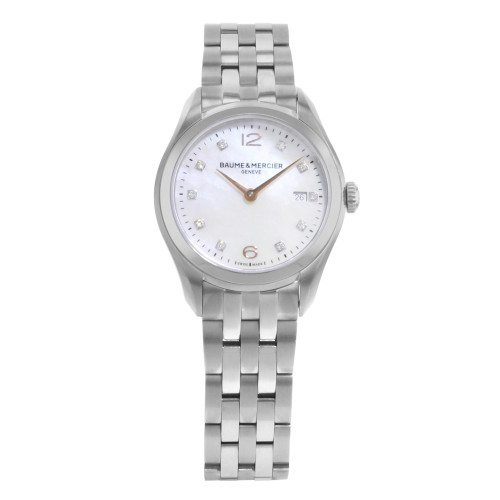An image of a Wristwatch by Baume & Mercier. This Display Model item is designed for Women, featuring a Dress/Formal style. It has a Quartz movement and an Analog display with a White dial color. The indices include Arabic Numerals, Diamonds. The band is made of Stainless Steel and the case is made of Stainless Steel. The watch has a Round shape with a case size of 30 mm and a case thickness of 7 mm.