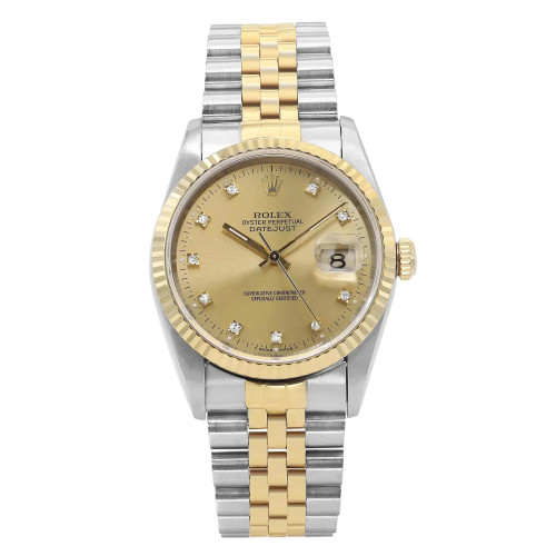 An image of a pre-owned men's Rolex Datejust 36mm 18K Yellow Gold Steel Champagne Diamond Watch 16233G, viewed from a straight-on angle at a close distance. The watch features a two-tone metal band with alternating yellow gold and stainless steel links. The round gold dial includes a date indicator on the right side, diamond hour markers, and gold hands. The fluted bezel is also yellow gold, complementing the overall design.