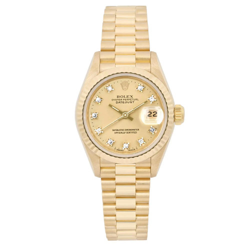 An image of a pre-owned women's Rolex President 18K Yellow Gold Champagne Diamond Dial Automatic Watch 69178G, viewed from the front at a straight angle. The watch features a 18k yellow gold design with a linked bracelet. The dial includes diamond hour markers, a date indicator at the 3 o'clock position, and luminous hands. The watch is positioned centrally in the frame, showcasing its elegant design in detail.