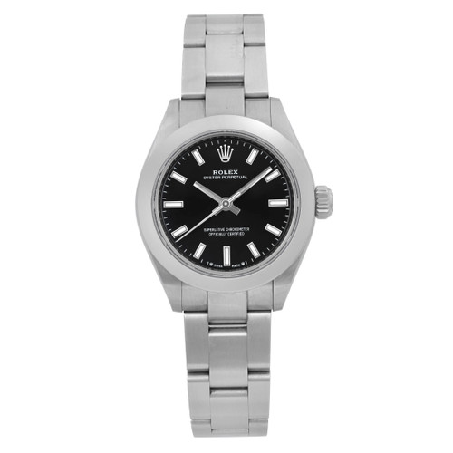 An image of a pre-owned women's Rolex  Oyster Perpetual 28mm Steel Black Sticks Dial Ladies Watch 276200 taken from a front-facing angle at a close distance. The watch features a stainless steel bracelet and a black dial with luminous hands. The image shows the watch in an upright position, clearly displaying its brand and design details.