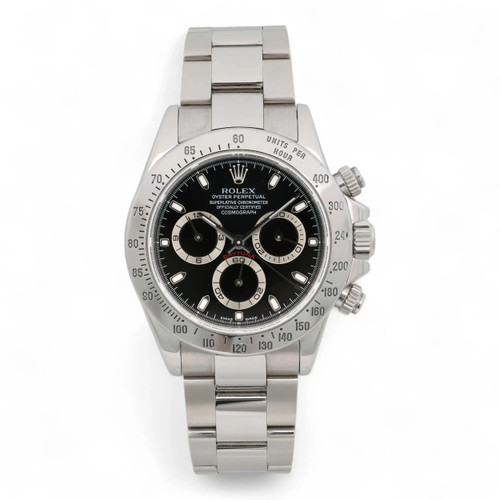 An image of a pre-owned men's Rolex Daytona Stainless Steel Black Index Dial Automatic Men Watch 116520 viewed from a top-down angle. The watch features a stainless steel bracelet and a black dial with three chronograph subdials. The luminous hands and markers are clearly visible. The watch is positioned centrally in the frame, captured at a close distance to highlight its details.