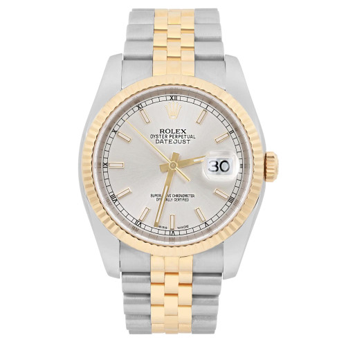 An image of a pre-owned men's Rolex Datejust 36mm Steel 18K Yellow Gold Silver Dial Automatic Watch 116233, viewed from a straight-on angle. The watch features a two-tone metal band with stainless steel and gold links. The face is silver with gold hour markers and hands, including a date indicator at 3 o'clock. The watch's luminous hands and fluted gold bezel are prominent. The photograph is taken from a close range, showcasing the details of the watch's design and features.