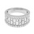 An image of a luxurious Rachel Koen women's ring with diamonds, shown in a close-up side view. The ring displays a band encrusted with multiple rows of sparkling round and baguette cut diamonds, set in a shiny 18k white gold band. The image is taken at a medium distance, providing a clear view of the intricate diamond settings and the hallmark inside the band. The ring is centered and occupies the majority of the frame, allowing for detailed observation of its design and craftsmanship.