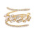 An image of a Rachel Koen women's ring with diamonds displayed at a close-up angle against a white background. The ring features a unique open design, with a yellow gold band that separates into two parts. The upper portion of the band is lined with small round diamonds, while the lower part showcases a combination of larger baguette and smaller round cut diamonds, all set in a yellow gold. The intricate design and sparkling stones are captured from a top-down perspective, showcasing the ring's details and craftsmanship.