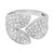 An image of a Rachel Koen brand women's ring with diamonds, displayed at a close frontal angle that highlights the sparkle of the multiple round cut diamonds set in three curved petal sections. The ring's band is visible in polished white gold, and it bears the inscription '18K 750 RF' indicating the quality of the metal. The background is a neutral white, emphasizing the ring's design and brilliance.