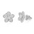 An image of a pair of Rachel Koen brand women's earrings with diamonds, presented on a white background. The earrings are designed in the shape of a five-petaled flower, with each petal encrusted with multiple small round cut diamonds and a larger, prominent diamond at the center in white gold. The left earring is facing up, while the right earring is angled slightly away, with its post and backing partially visible. They are captured from a front-facing angle and appear to be at a close distance, providing a clear and detailed view of the diamond settings and the overall floral design.