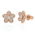 An image of a pair of Rachel Koen women's earrings with diamonds, showcasing a flower design. The photograph presents a straight-on view with the earrings positioned side by side against a white background, capturing their entirety at a close distance. Each earring features a four-petaled flower studded with multiple small round-cut diamonds and a larger round-cut diamond at the center in rose gold. The right earring is displayed with its post and backing in view, indicating the method of attachment. The image is crisp, highlighting the sparkle and intricate details of the diamonds and the polished finish of the rose gold.