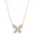 An image of a Rachel Koen brand women's necklace with diamonds, displayed frontally and centered against a white background. The necklace features a butterfly-shaped pendant with pavé-set diamonds on a yellow gold chain. The pendant is positioned at the bottom center of the image, with the chain extending symmetrically to the upper edges of the frame, suggesting a close-up view. The image provides a clear, detailed look at the jewelry design and craftsmanship from a straight-on angle.