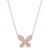 An image of a Rachel Koen brand women's necklace with diamonds, showcasing a butterfly-shaped pendant embellished with numerous small, sparkling round cut diamonds set in rose gold. The necklace is displayed against a white background, with the chain extending symmetrically from both sides of the butterfly pendant, forming a V-shape as it would appear when worn. The photograph is taken from a front-facing angle, capturing the entire length of the necklace, providing a clear and detailed view of the intricate design and the reflective quality of the diamonds. The image is shot from a medium distance, ensuring the entire piece is in focus and easily discernible.