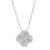 An image of a Rachel Koen women's necklace with diamonds, displayed frontally and centered against a white background. The necklace features a pendant with a clover-like design encrusted with numerous small, sparkling round cut diamonds, creating an elegant pattern. The pendant hangs on a delicate, white gold chain that is shown partially, with the top portion out of view suggesting continuity. The image is taken from a close, direct angle to highlight the intricate details and brilliance of the diamonds.