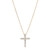 An image of a Rachel Koen women's necklace with diamonds, featuring a cross pendant adorned with multiple sparkling round cut diamonds in yellow gold, set against a white background. The necklace is presented in a straight-on view with the chain forming a V-shape at the top of the image and the cross pendant centrally positioned. The viewpoint is close up, capturing the pendant and part of the chain in clear detail, highlighting the contrast between the gold chain and the brilliance of the diamonds.
