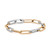 An image of a Rachel Koen women's bracelet with diamonds, presented at a slight angle and centered in the frame. The bracelet features alternating yellow gold links and pavé-set round cut diamond white gold links on a white background. The viewpoint is from above, capturing the bracelet's intricate design and the sparkle of the diamonds. The clasp of the bracelet is visible and polished, reflecting the light. The image is taken from a close distance, showcasing the details and craftsmanship of the jewelry.