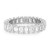 An image of a Rachel Koen brand women's ring with diamonds, showcased against a white background. The ring is presented in a close-up, head-on view, emphasizing the full circle of emerald-cut diamonds set in a shared prong setting in white gold. The band is visible with a stamped hallmark reading "RF 18K 750," indicating the metal purity. The diamonds are well-lit, reflecting light and showcasing their clarity and cut. The perspective is a medium shot, providing a detailed view of the ring's design and craftsmanship.