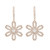 An image of a pair of Rachel Koen women's earrings with diamonds, displayed frontally against a white background. Each earring features a flower-shaped drop design with multiple round cut diamonds encrusted in rose gold. A slender, diamond-studded vertical bar connects the floral element to the earring's hoop. The earrings are positioned parallel to each other, with a symmetrical and close-up view, emphasizing the sparkle and detailed craftsmanship.