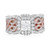 An image of a Rachel Koen women's ring with diamonds, displayed at a direct frontal angle giving a clear view. It features a prominent princess-cut diamond centered on a white and rose gold band, flanked by intricate round cut diamonds set in a patterned design, with a white background at close range to enhance detail visibility.