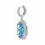 An image of a Rachel Koen women's earring featuring diamonds and a central blue topaz. The earring is displayed in a close-up side view with a slight angle that showcases the hoop with encrusted diamonds and a dangling oval-shaped pendant with a faceted blue topaz surrounded by a halo of diamonds. The earring is set against a white background, providing a clear and unobstructed view of its details.The condition of the earring is pre owned. 