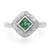 An image of a Rachel Koen women's ring featuring a central square-cut green emerald surrounded by a halo of diamonds. The ring is displayed at a top-down angle showcasing the detailed setting and the contrast between the vibrant emerald and the sparkling diamonds. The image is taken from a close, direct overhead perspective to clearly illustrate the design and craftsmanship of the piece.The condition of the ring is pre owned. 